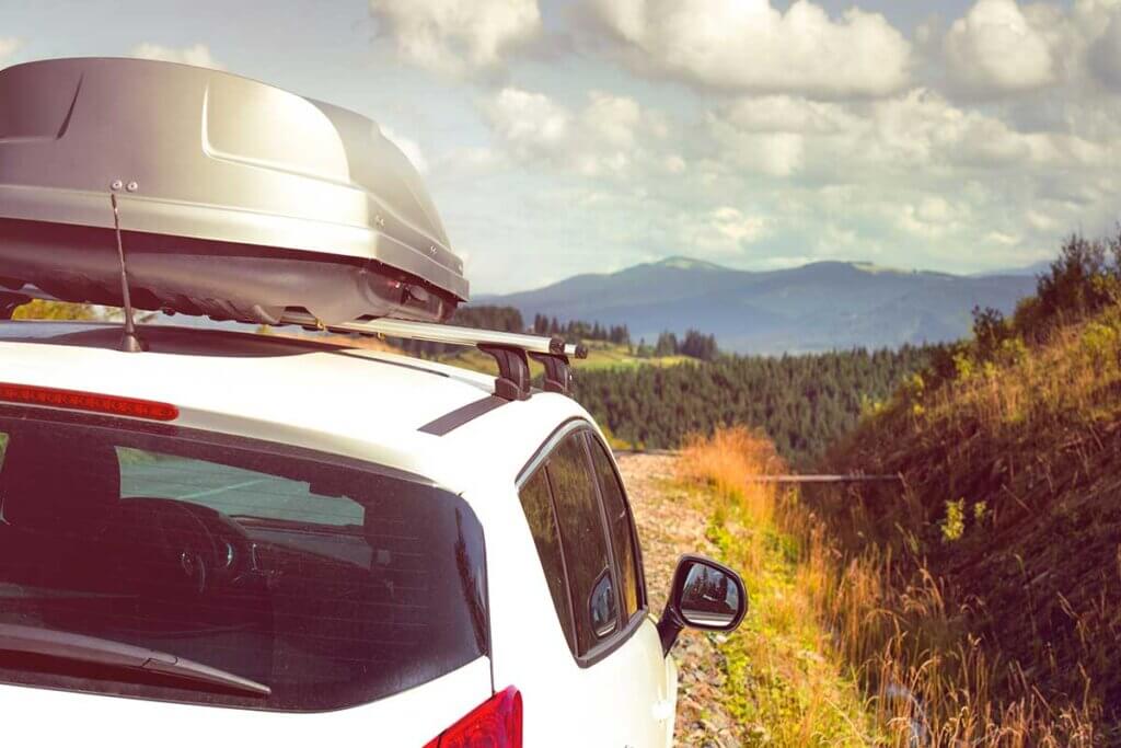 Dachbox auf Auto auf WaldstraĂe