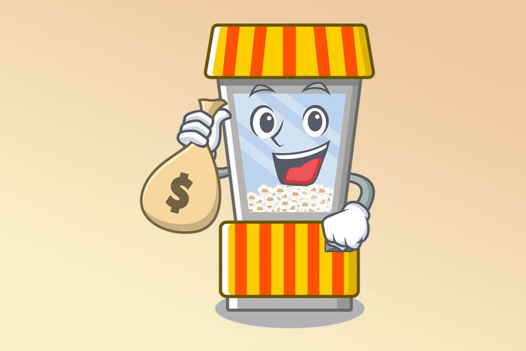 Comic-Popcornmaschine mit Geldsack in der Hand